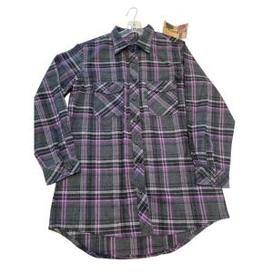 Five Brother Flannel Shirt Women's Medium Plaid Western Purple‎ Gray Long Sleeve